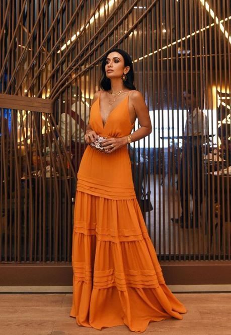 Burnt Orange Chiffon Spaghetti Strap Tiered Maxi Formal Prom Dress