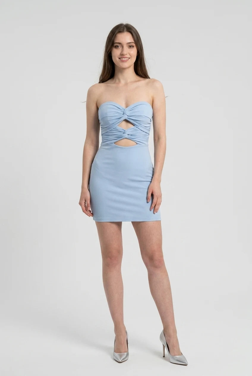 Front view of a butter yellow bodycon mini dress with sweetheart neckline.