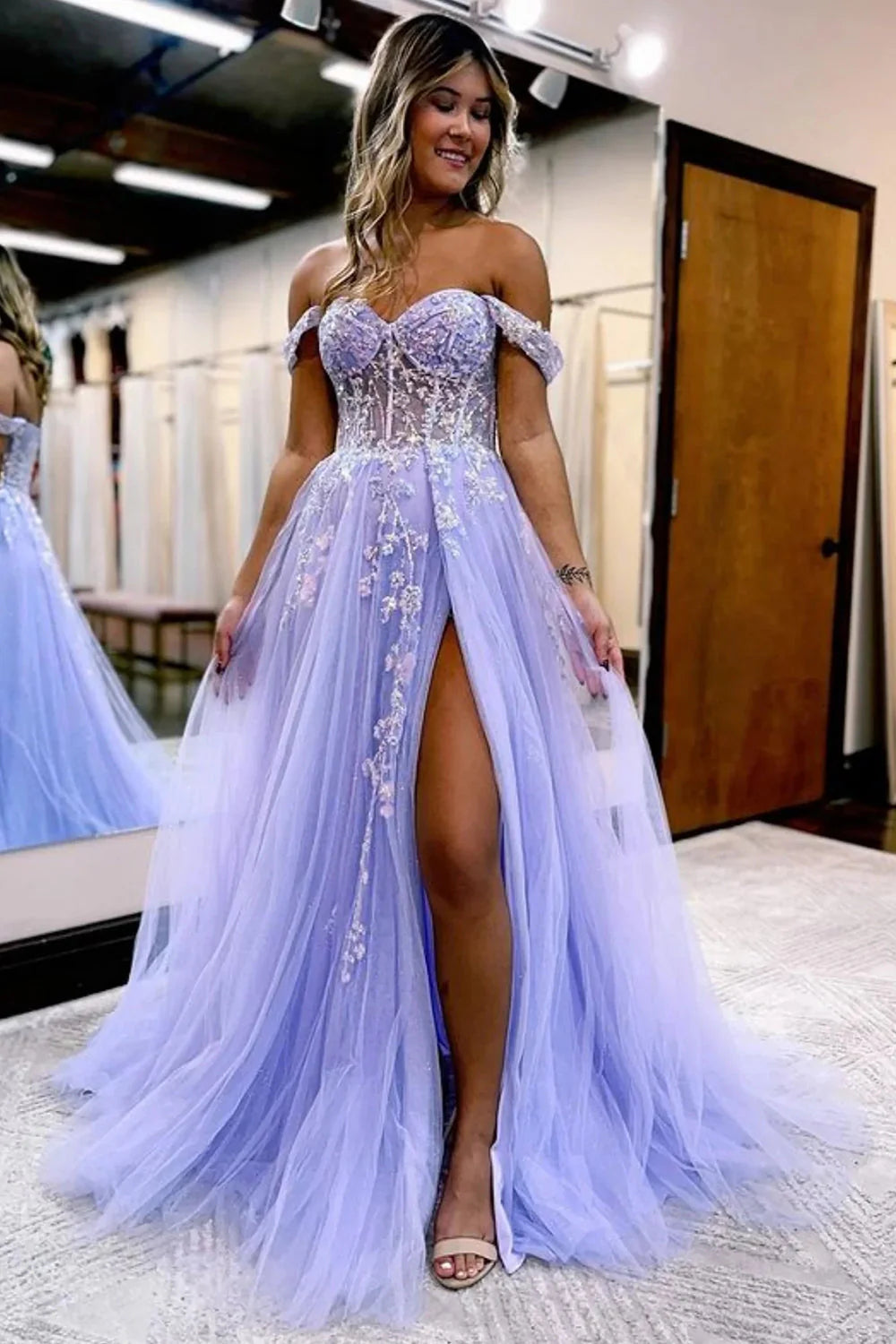 A-Line Sparkly Sequins Corset Long Prom Dress with Slit