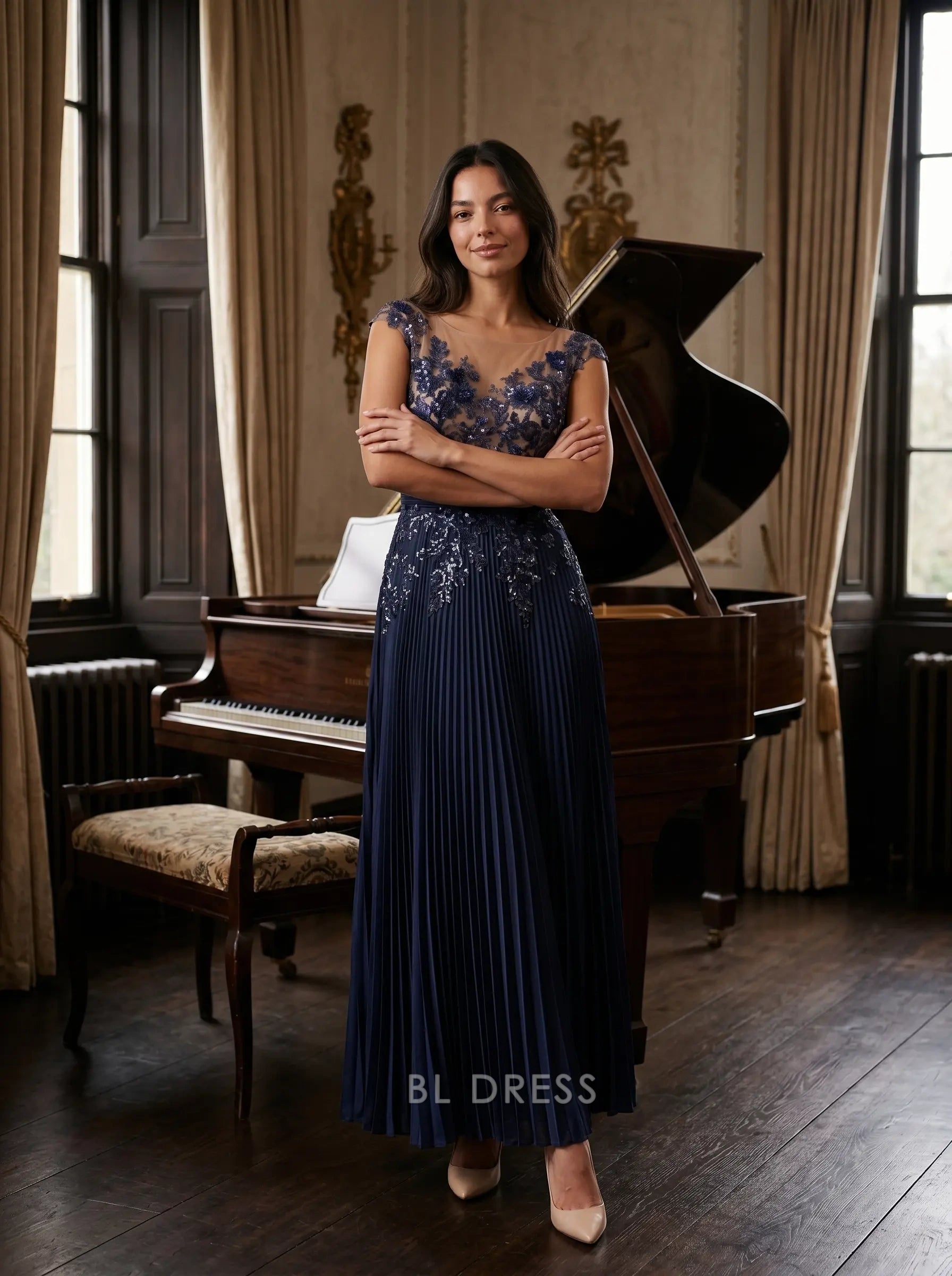 Cap Sleeve Illusion Neckline Sequin Lace Appliqué Pleated Chiffon Floor Length A Line Prom Dress