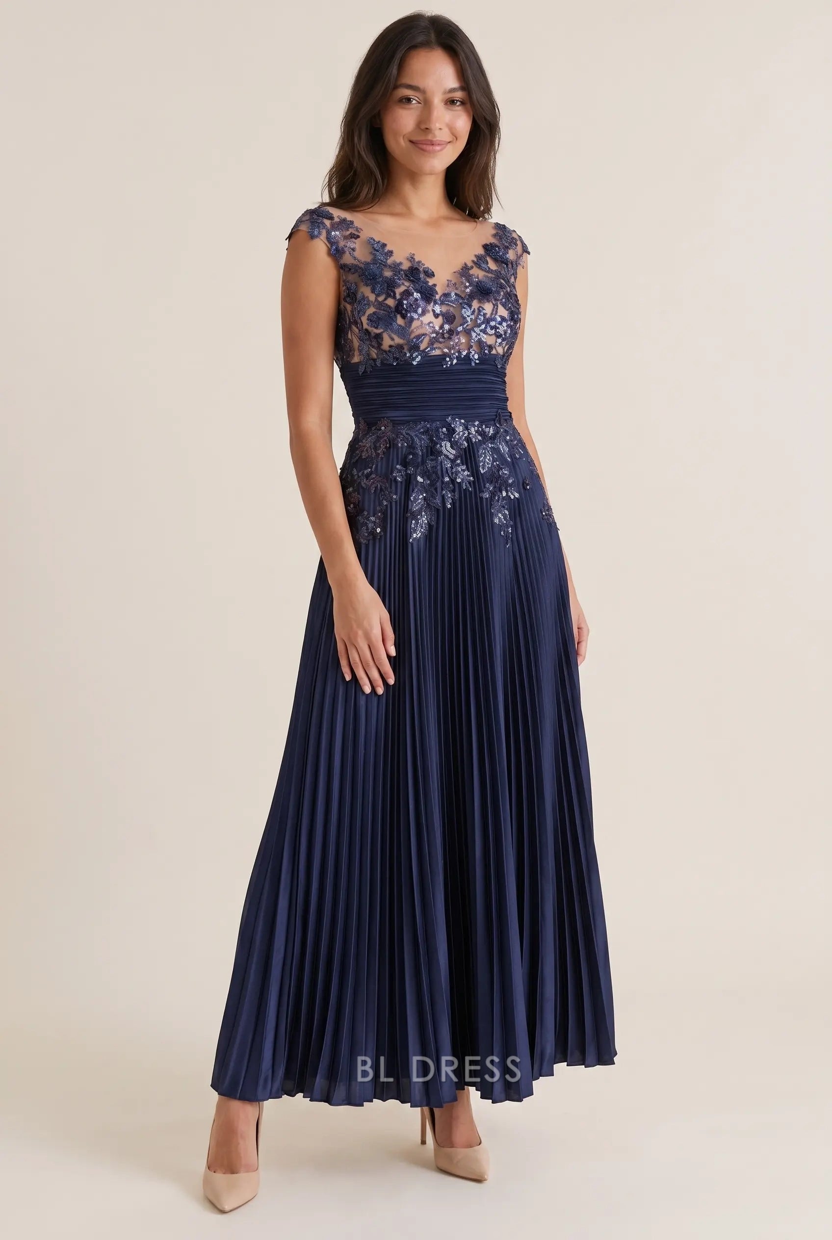 Cap Sleeve Illusion Neckline Sequin Lace Appliqué Pleated Chiffon Floor Length A Line Prom Dress