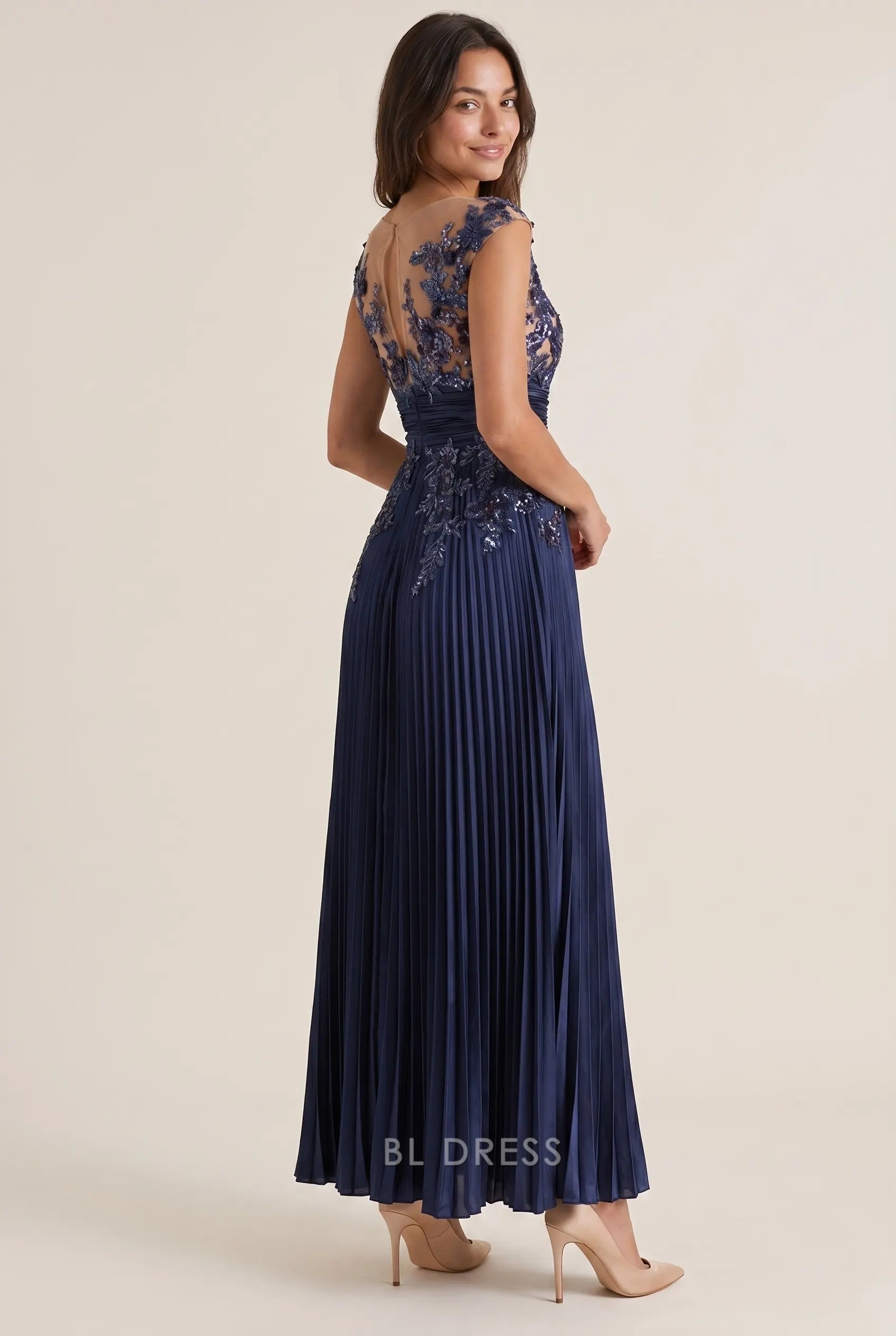 Cap Sleeve Illusion Neckline Sequin Lace Appliqué Pleated Chiffon Floor Length A Line Prom Dress