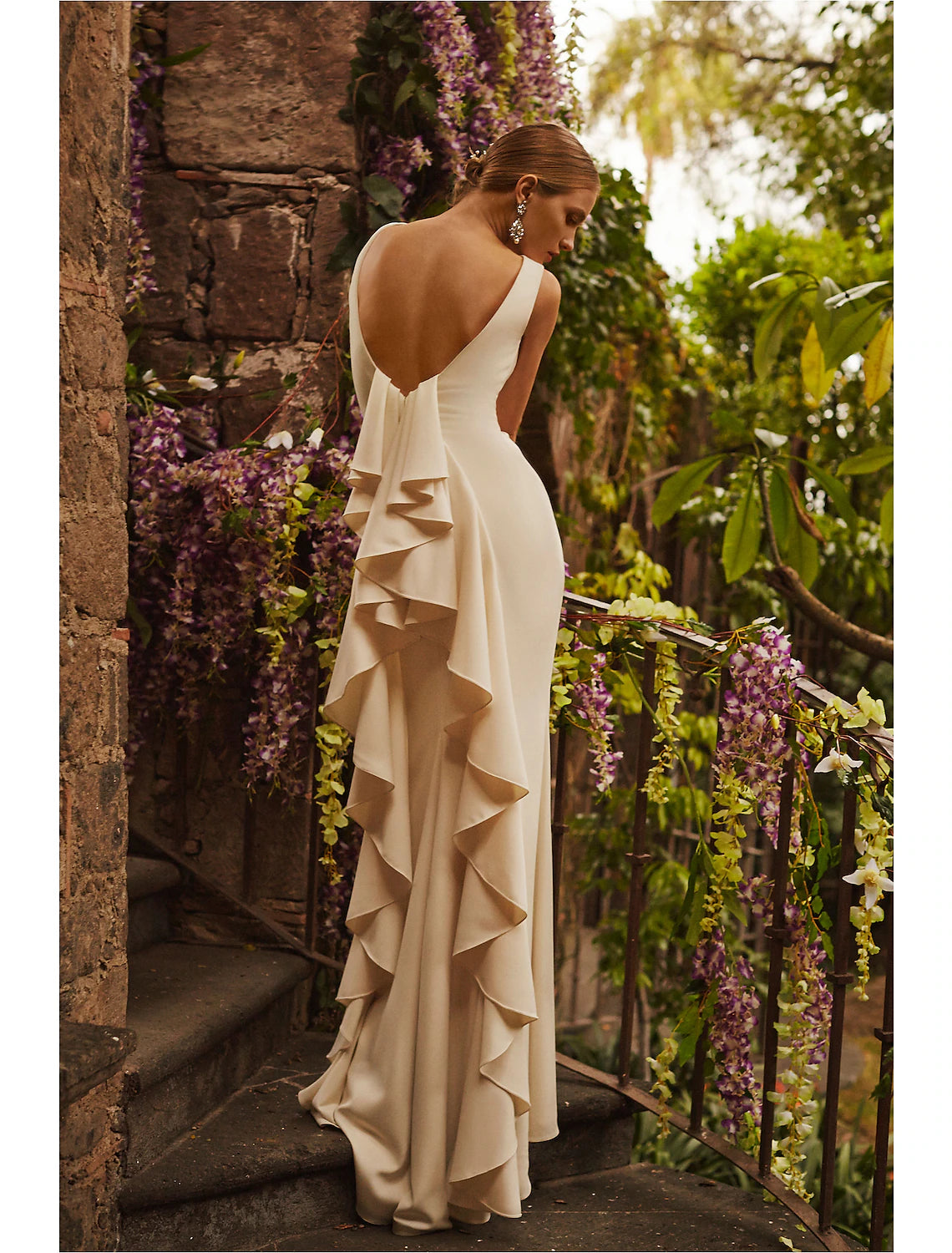 Full view of the elegant sleeveless casual wedding dress.