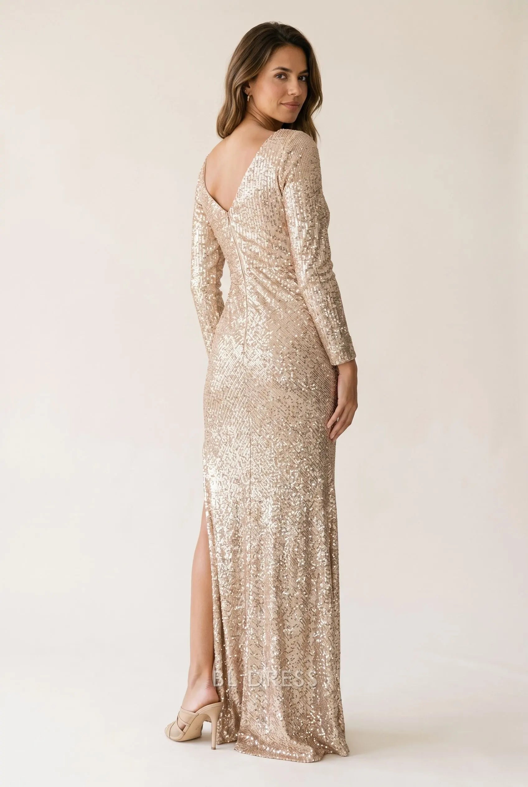 Champagne Allover Sequin Long Sleeve Wrap V Neck Side Ruched High Slit Mermaid Maxi Prom Dress