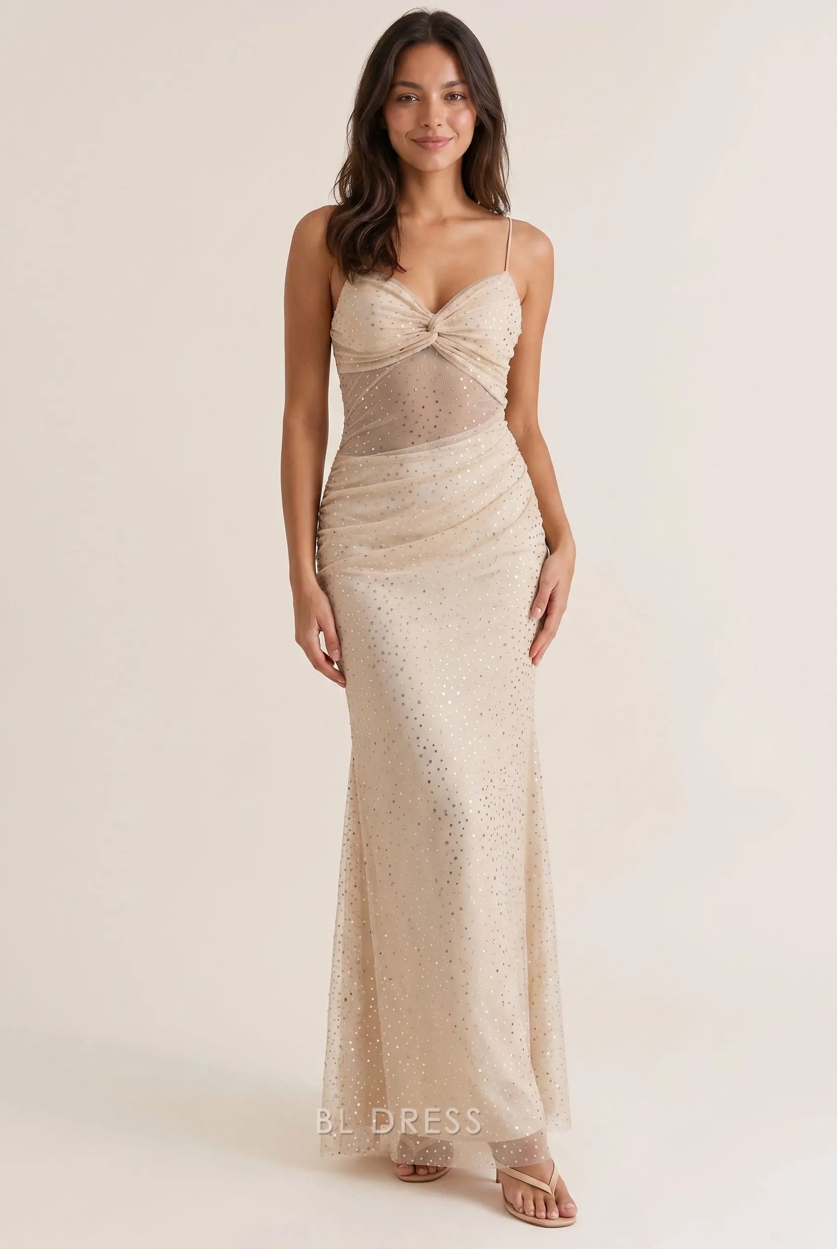 Champagne Beige Single Spaghetti Strap Sweetheart Neck Twist Bust Sheer Mesh Rhinestone Dot Ruched Bodycon Long Prom Dress