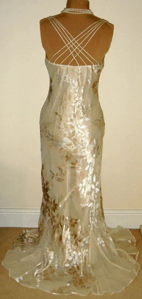 Champagne Floral Lace Mermaid Prom Dress Cowl Neck Spaghetti Strap Criss Cross Back Floor Length Formal Evening Gown