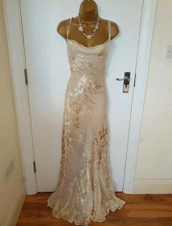 Champagne Floral Lace Mermaid Prom Dress Cowl Neck Spaghetti Strap Criss Cross Back Floor Length Formal Evening Gown