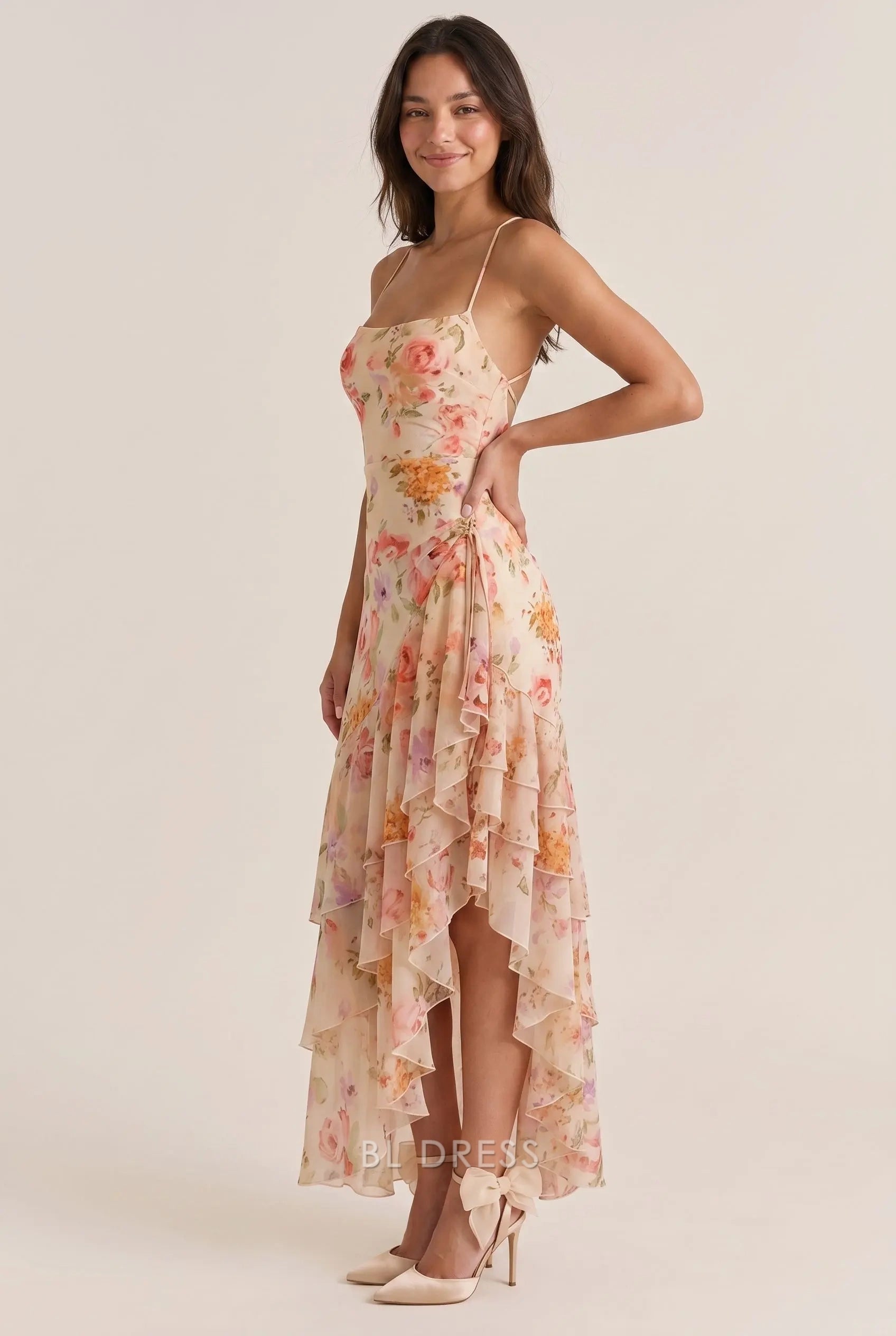 Champagne Floral Print Chiffon Fitted Square Neck Spaghetti Strap Open Back High Low Ruffled Formal Evening Prom Dress
