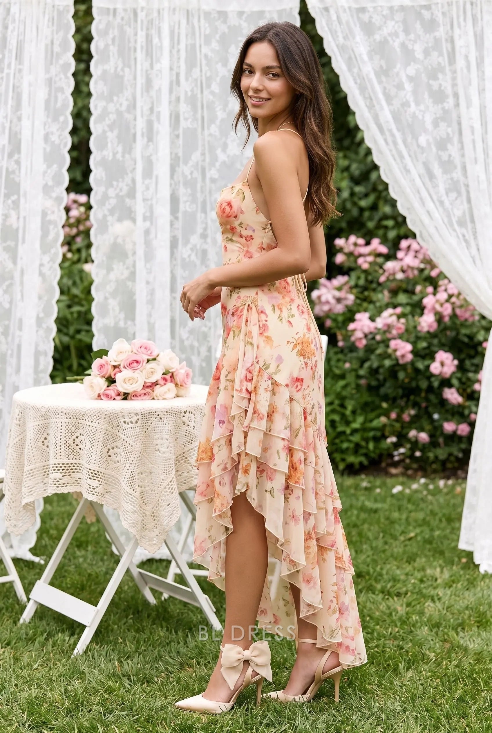 Champagne Floral Print Chiffon Fitted Square Neck Spaghetti Strap Open Back High Low Ruffled Formal Evening Prom Dress