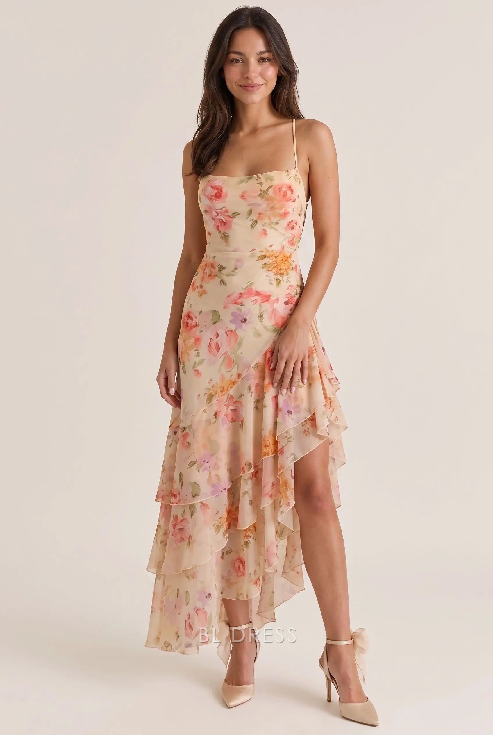 Champagne Floral Print Chiffon Fitted Square Neck Spaghetti Strap Open Back High Low Ruffled Formal Evening Prom Dress