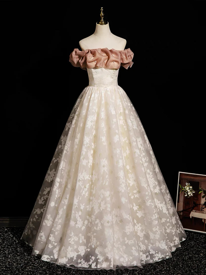 Champagne Floral Tulle Off Shoulder Ruffled Neck Corset Back A-Line Floor Length Elegant Prom Dress