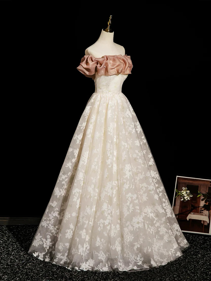 Champagne Floral Tulle Off Shoulder Ruffled Neck Corset Back A-Line Floor Length Elegant Prom Dress