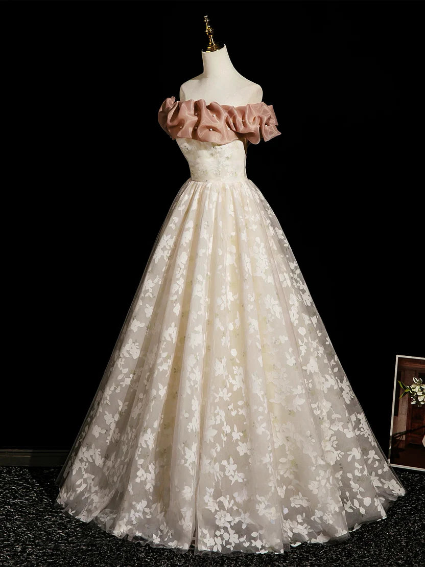 Champagne Floral Tulle Off Shoulder Ruffled Neck Corset Back A-Line Floor Length Elegant Prom Dress