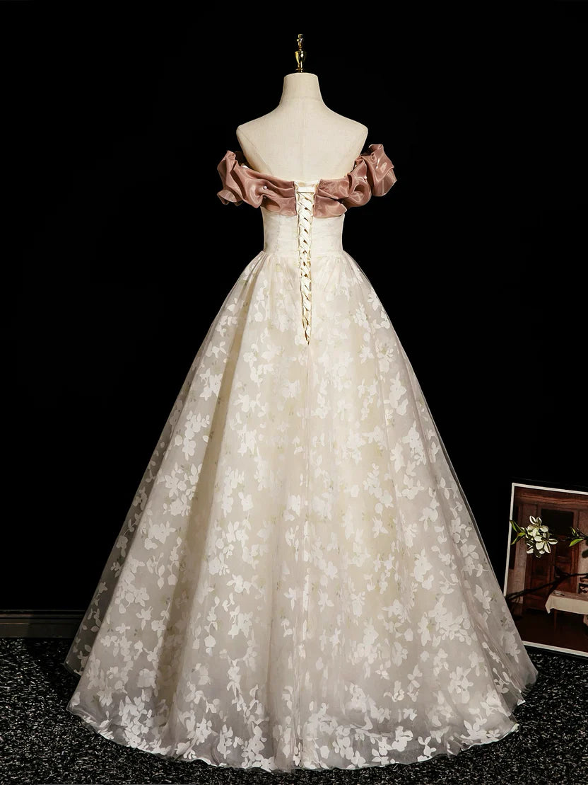 Champagne Floral Tulle Off Shoulder Ruffled Neck Corset Back A-Line Floor Length Elegant Prom Dress