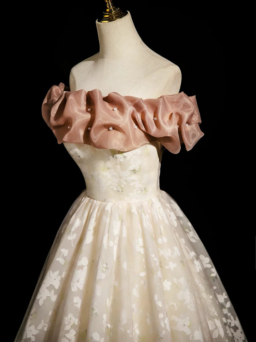 Champagne Floral Tulle Off Shoulder Ruffled Neck Corset Back A-Line Floor Length Elegant Prom Dress