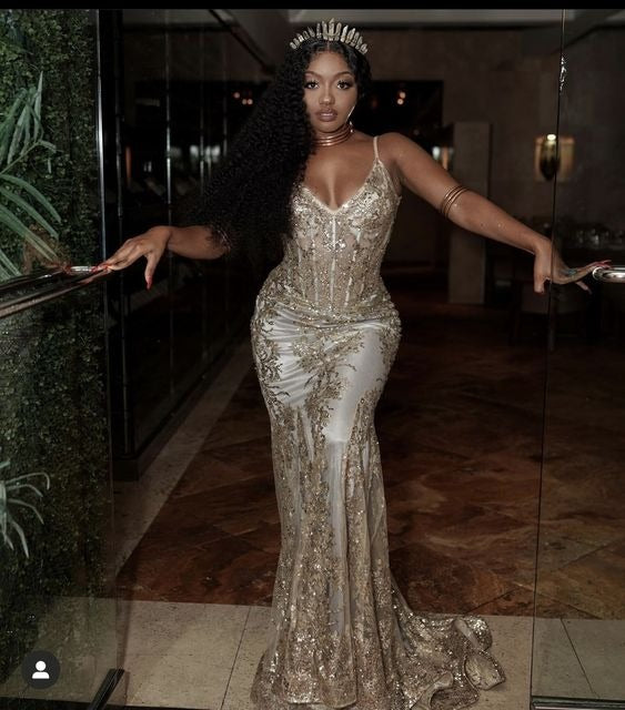 Champagne Gold Sequin Mermaid V Neck Spaghetti Strap Lace Applique Corset Train Formal Evening Prom Dress