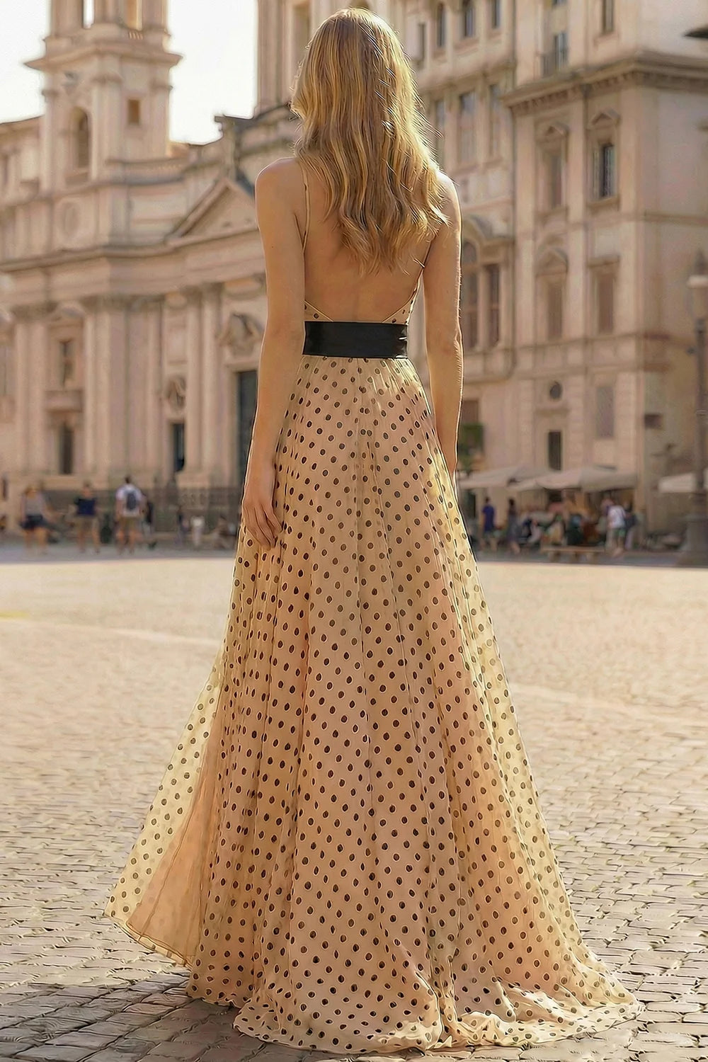 Champagne Halter Prom Dress With Black Polka Dots And Oversized Bow A Line Formal Prom Dress