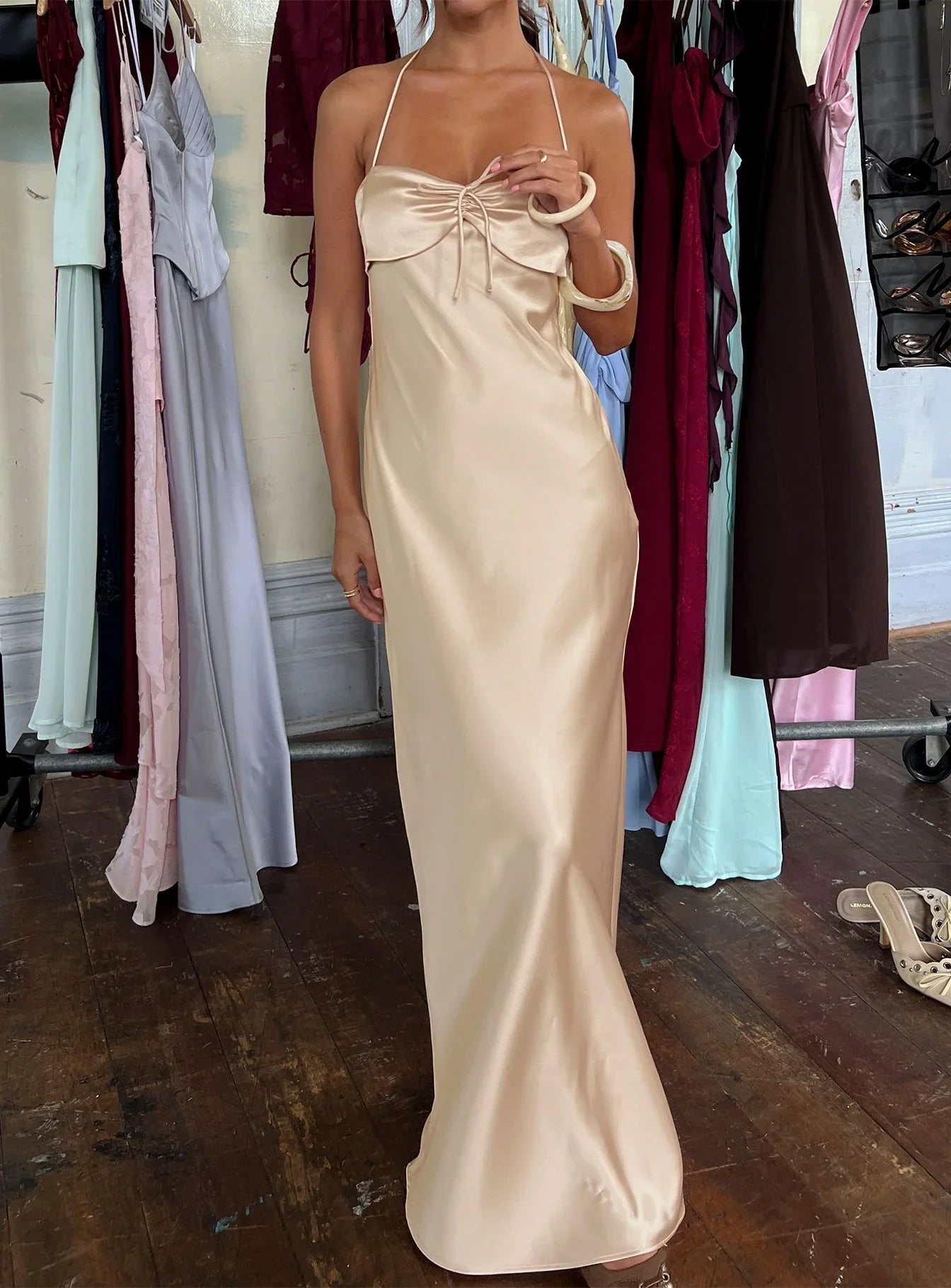Champagne Halter Prom Dress with Satin Fabric and Bow Detail for Formal Events and Prom Nights