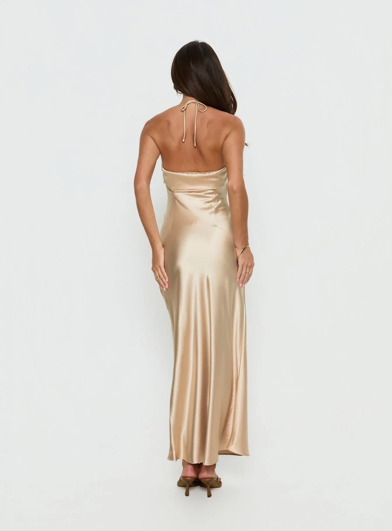 Champagne Halter Prom Dress with Satin Fabric and Bow Detail for Formal Events and Prom Nights