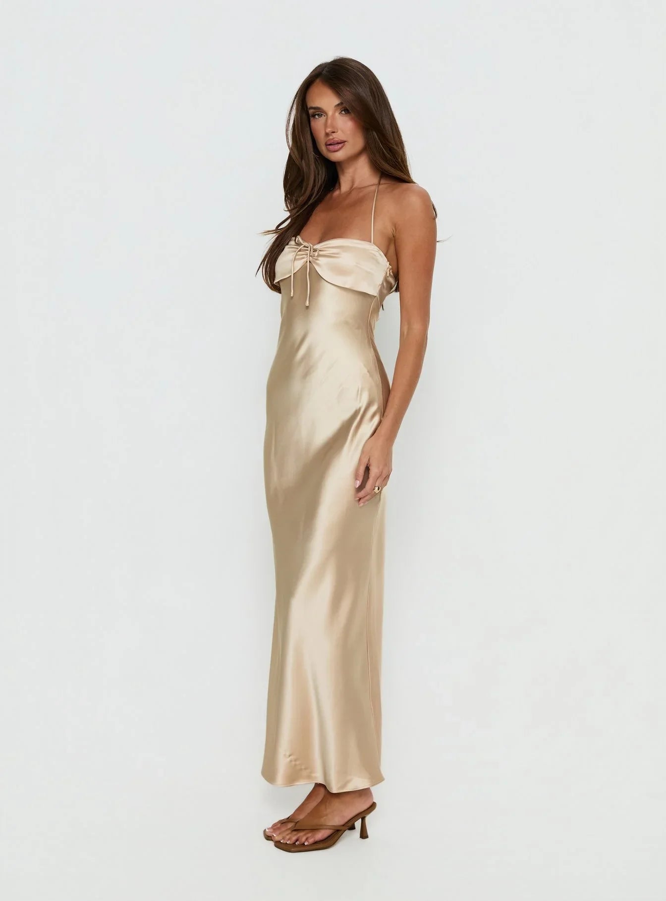 Champagne Halter Prom Dress with Satin Fabric and Bow Detail for Formal Events and Prom Nights