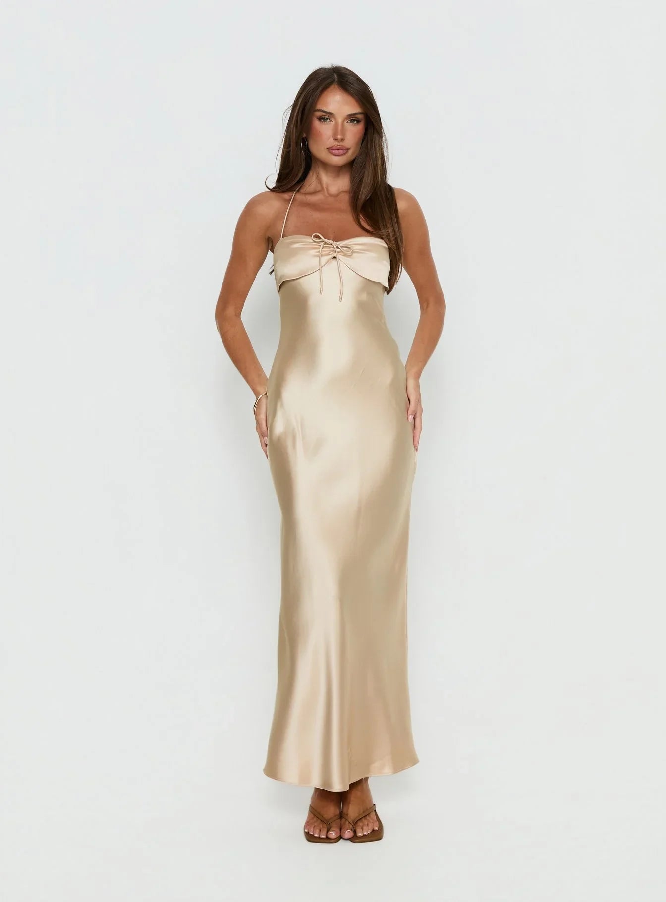 Champagne Halter Prom Dress with Satin Fabric and Bow Detail for Formal Events and Prom Nights