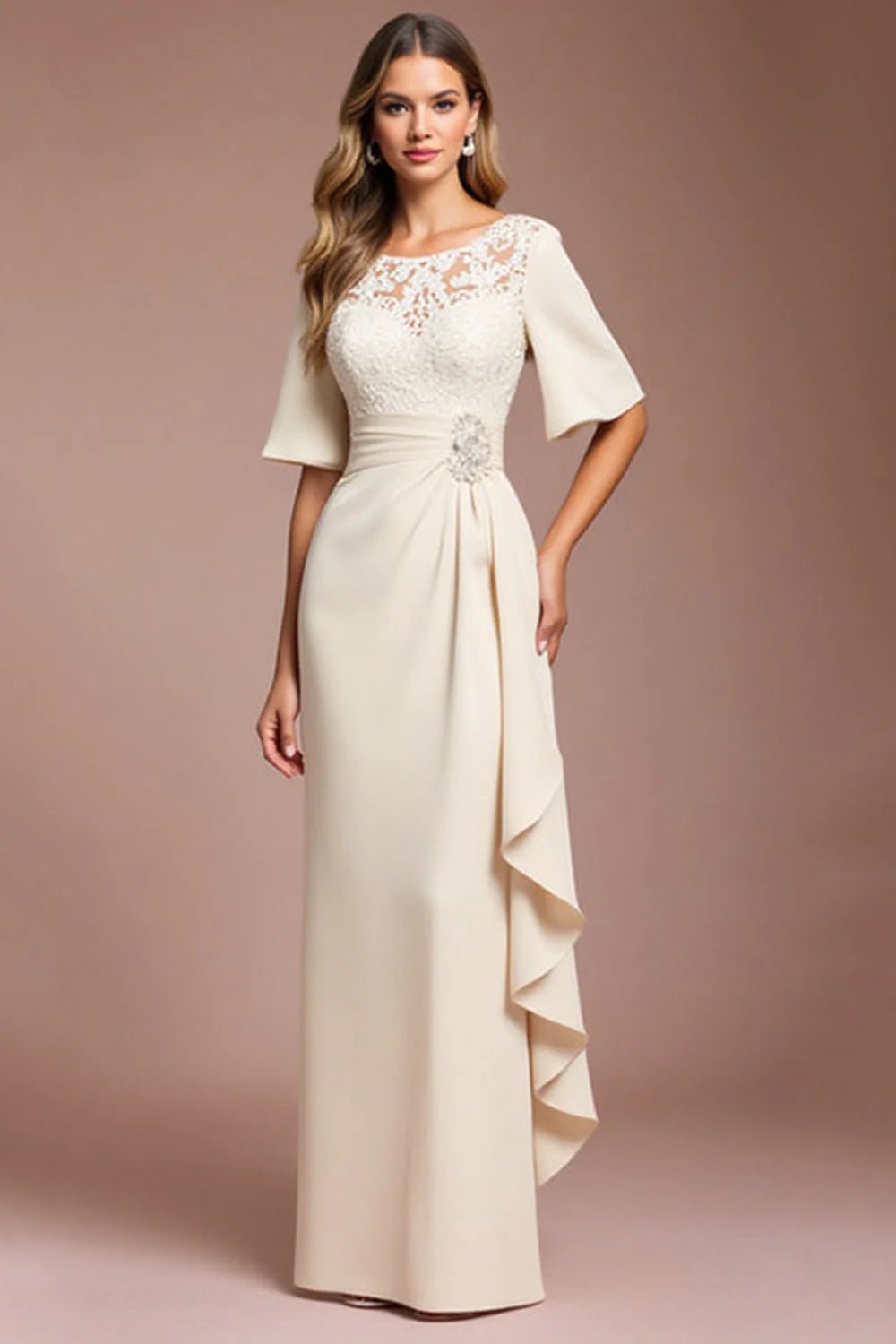 Champagne Lace Bodice Prom Dress With Three Quarter Sleeves And Draped Side Train For Formal Evening Party