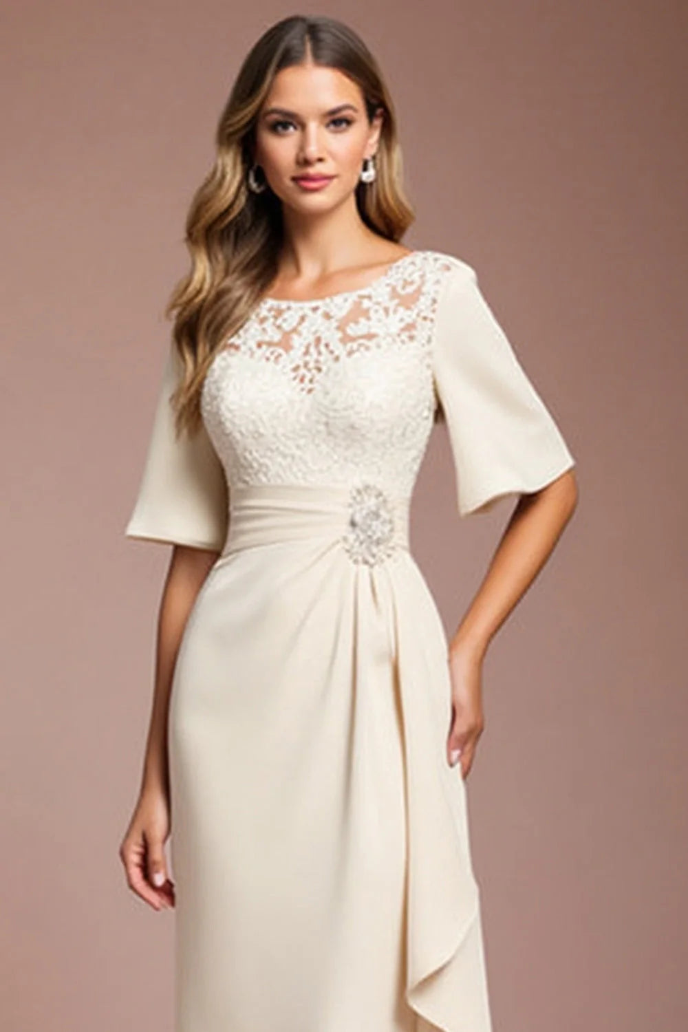 Champagne Lace Bodice Prom Dress With Three Quarter Sleeves And Draped Side Train For Formal Evening Party