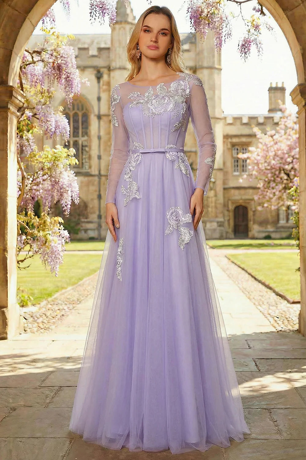 Champagne Long Sleeve Prom Dress With Multicolor Floral Embroidery And Sheer Tulle A Line Formal Prom Dress