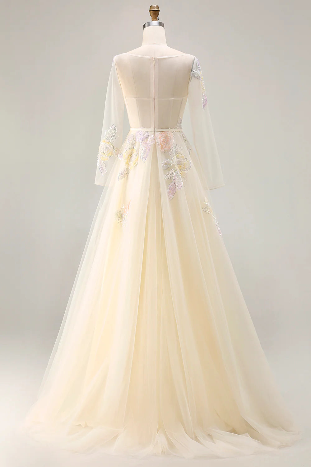 Champagne Long Sleeve Prom Dress With Multicolor Floral Embroidery And Sheer Tulle A Line Formal Prom Dress