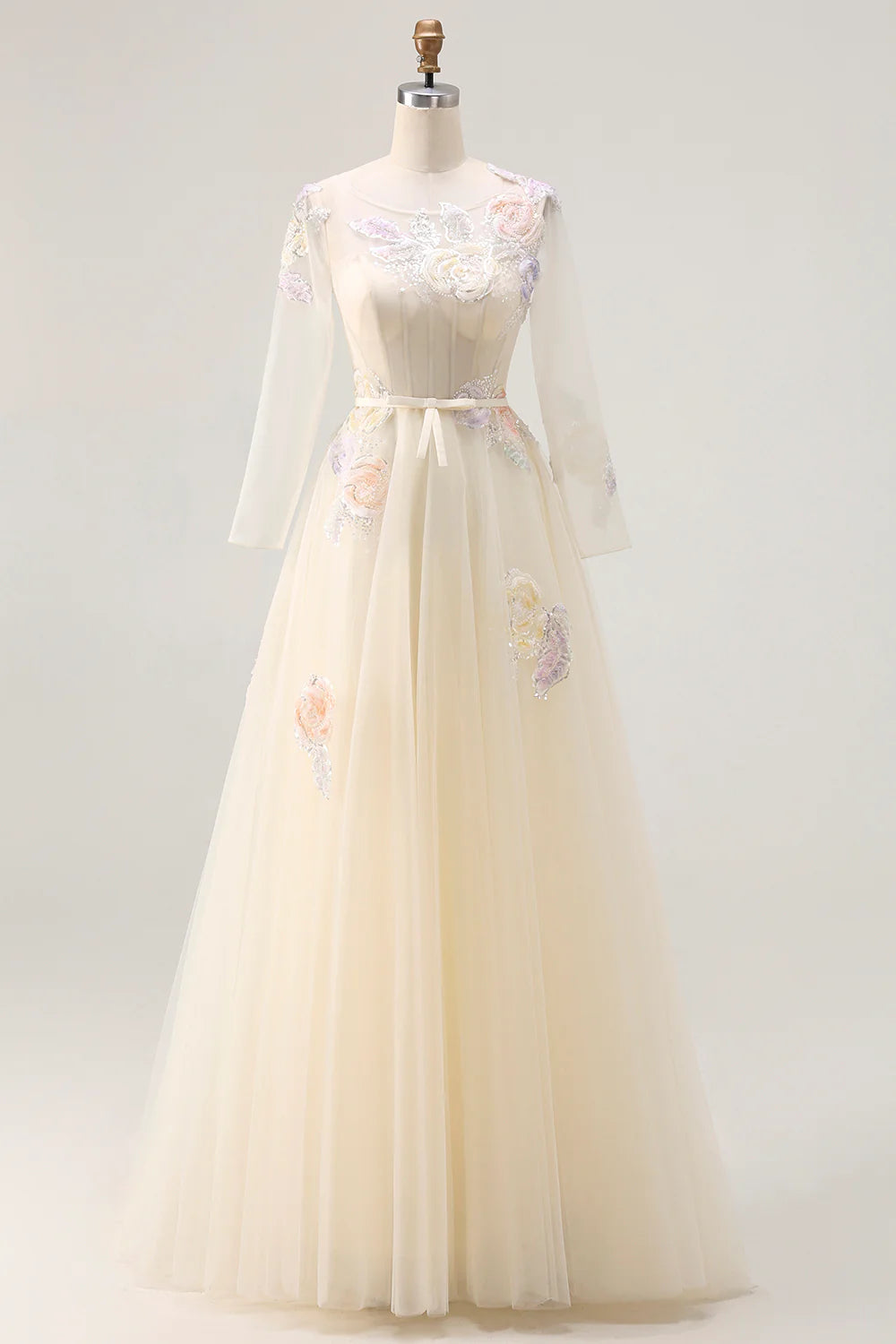 Champagne Long Sleeve Prom Dress With Multicolor Floral Embroidery And Sheer Tulle A Line Formal Prom Dress