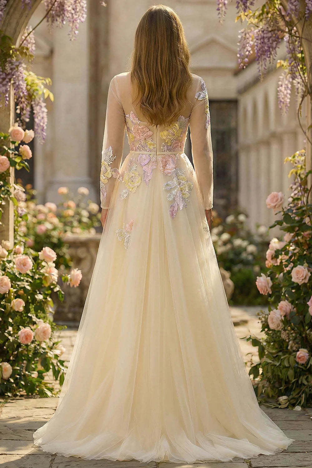 Champagne Long Sleeve Prom Dress With Multicolor Floral Embroidery And Sheer Tulle A Line Formal Prom Dress