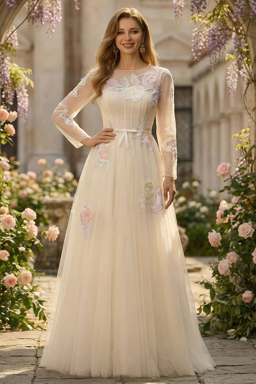 Champagne Long Sleeve Prom Dress With Multicolor Floral Embroidery And Sheer Tulle A Line Formal Prom Dress