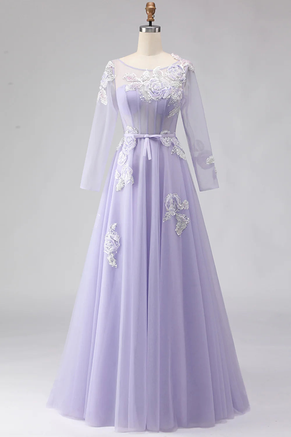 Champagne Long Sleeve Prom Dress With Multicolor Floral Embroidery And Sheer Tulle A Line Formal Prom Dress