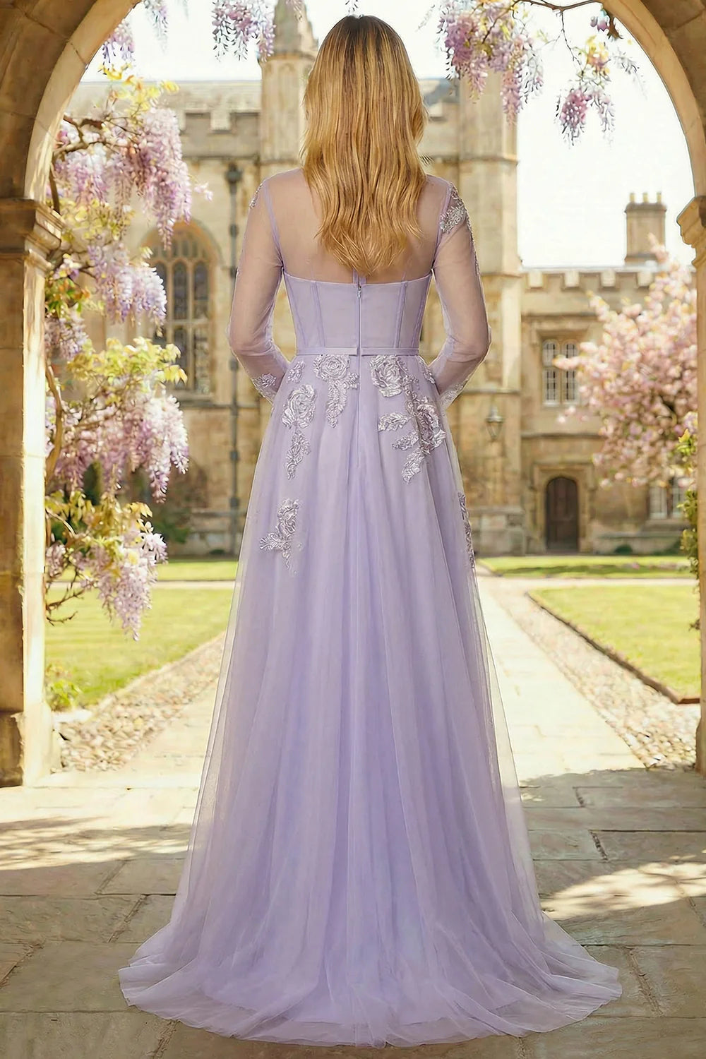 Champagne Long Sleeve Prom Dress With Multicolor Floral Embroidery And Sheer Tulle A Line Formal Prom Dress