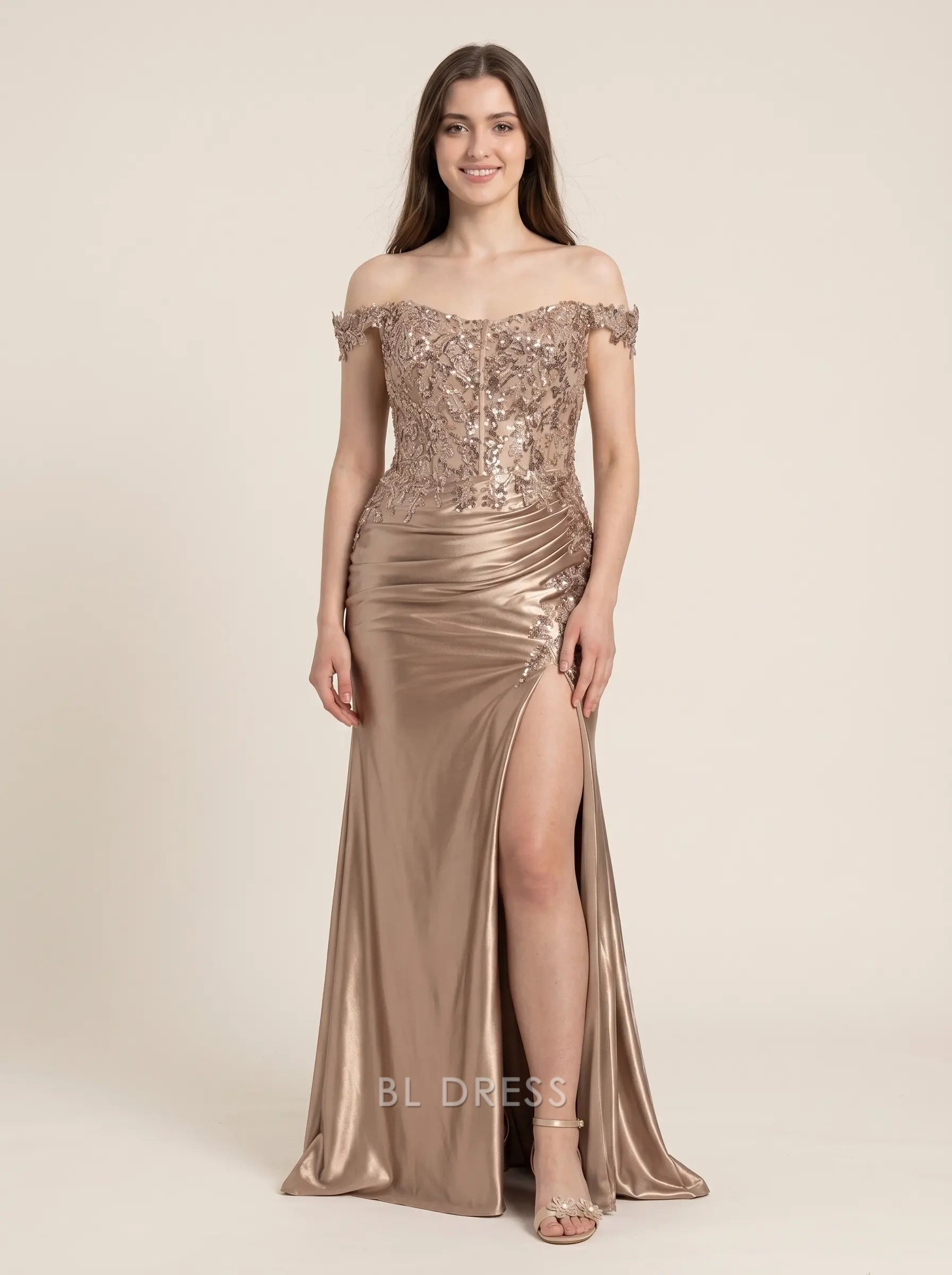 Champagne Off The Shoulder Lace Sequin Bodice Corset Back High Slit Satin Floor Length Formal Evening Prom Dress