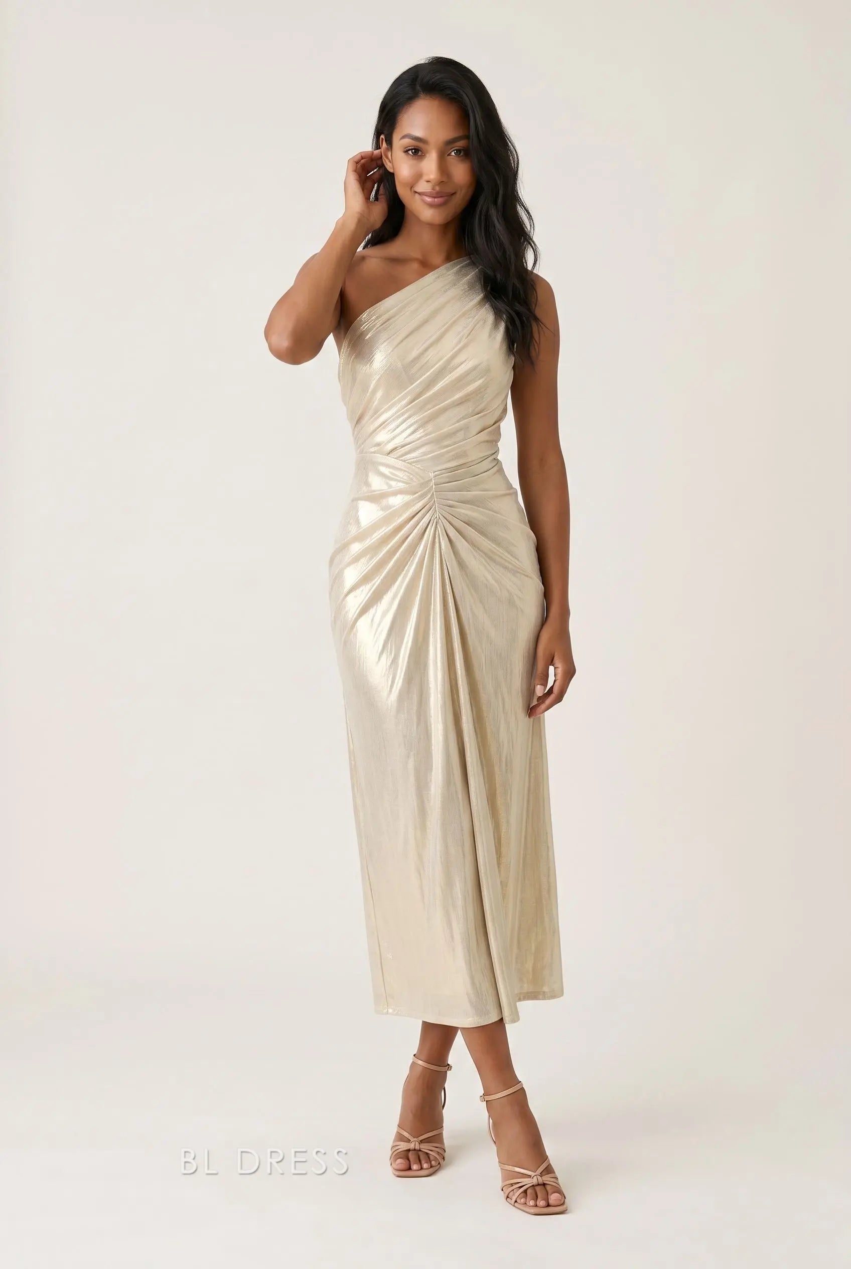Champagne One Shoulder Draped Metallic Knit Ruched Waist Midi Prom Dress