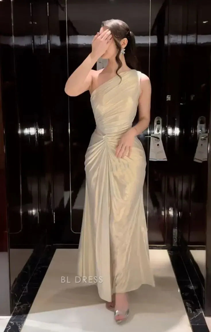 Champagne One Shoulder Draped Metallic Knit Ruched Waist Midi Prom Dress