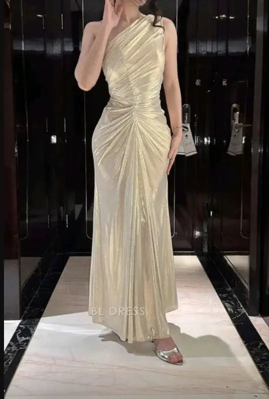 Champagne One Shoulder Draped Metallic Knit Ruched Waist Midi Prom Dress