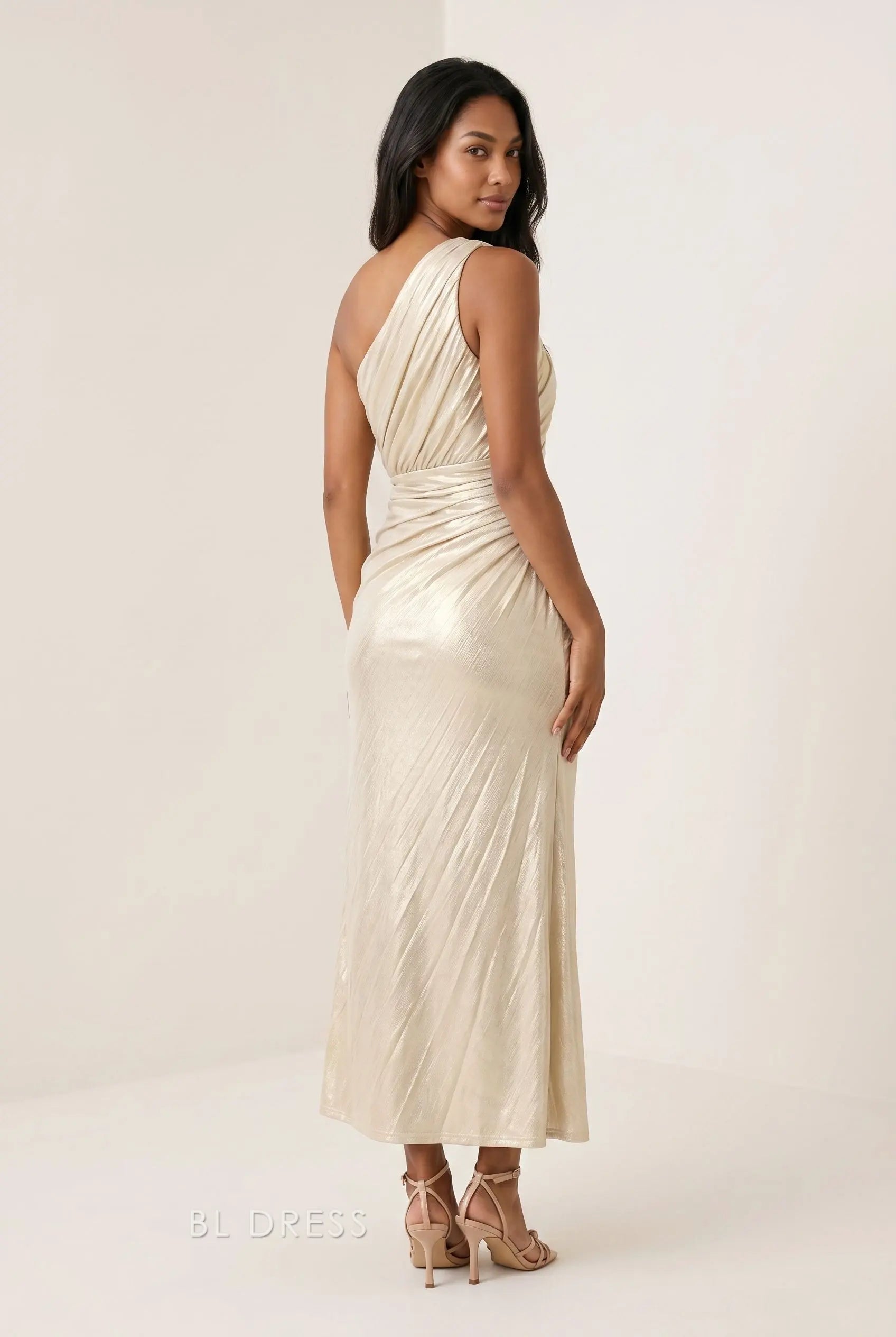 Champagne One Shoulder Draped Metallic Knit Ruched Waist Midi Prom Dress