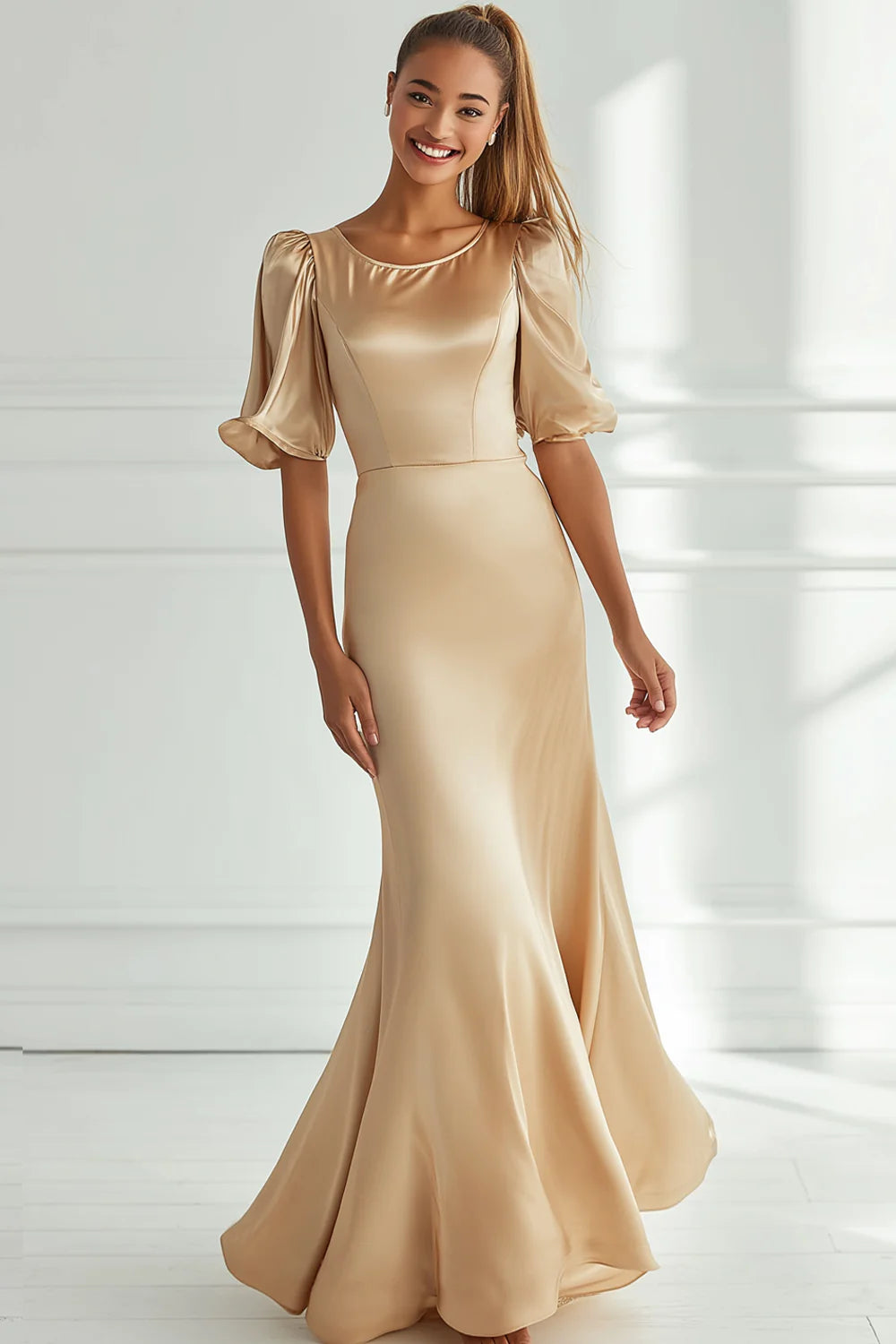Champagne Satin Prom Dress With Puff Sleeves And Mermaid Silhouette For Formal Evening Party