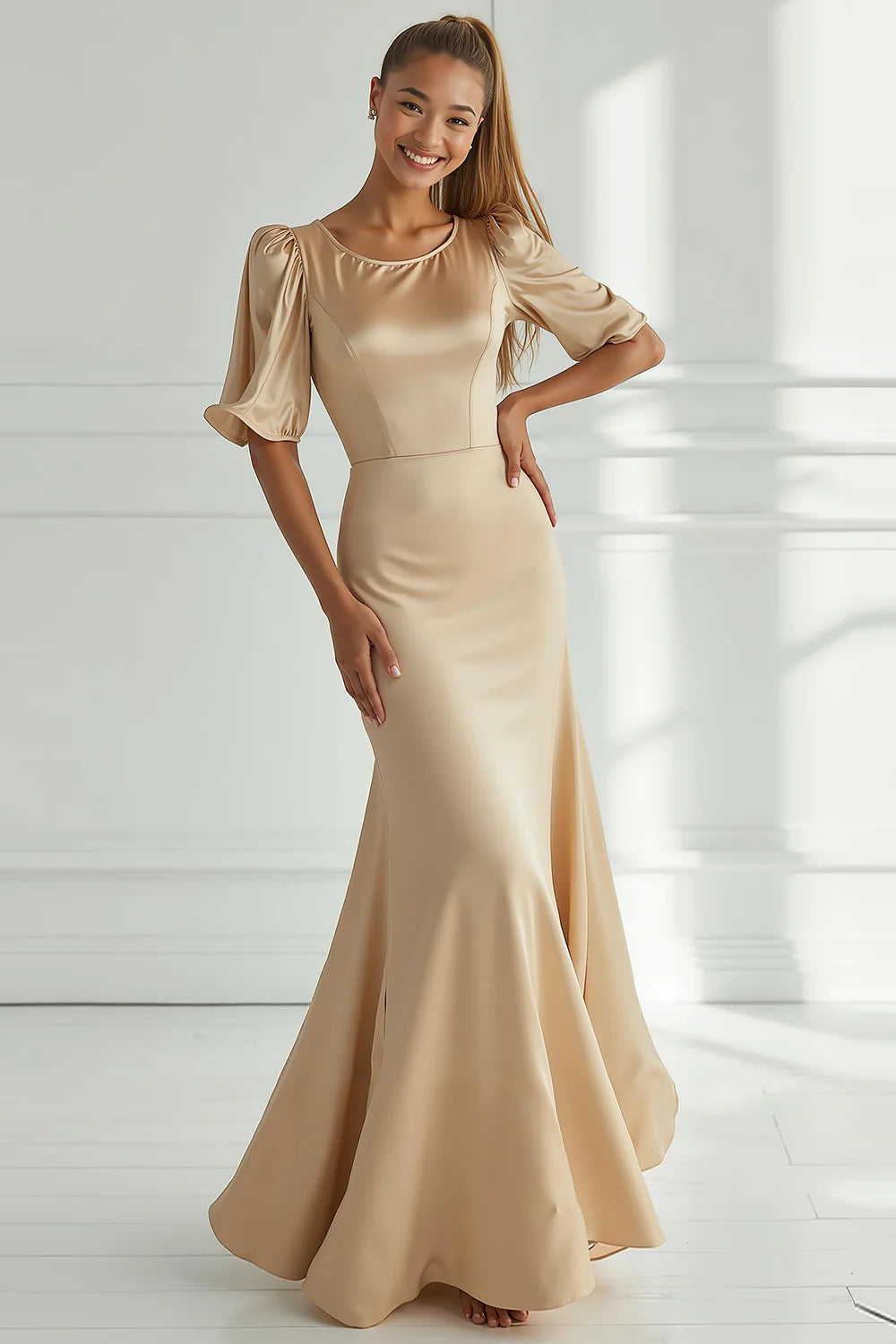 Champagne Satin Prom Dress With Puff Sleeves And Mermaid Silhouette For Formal Evening Party