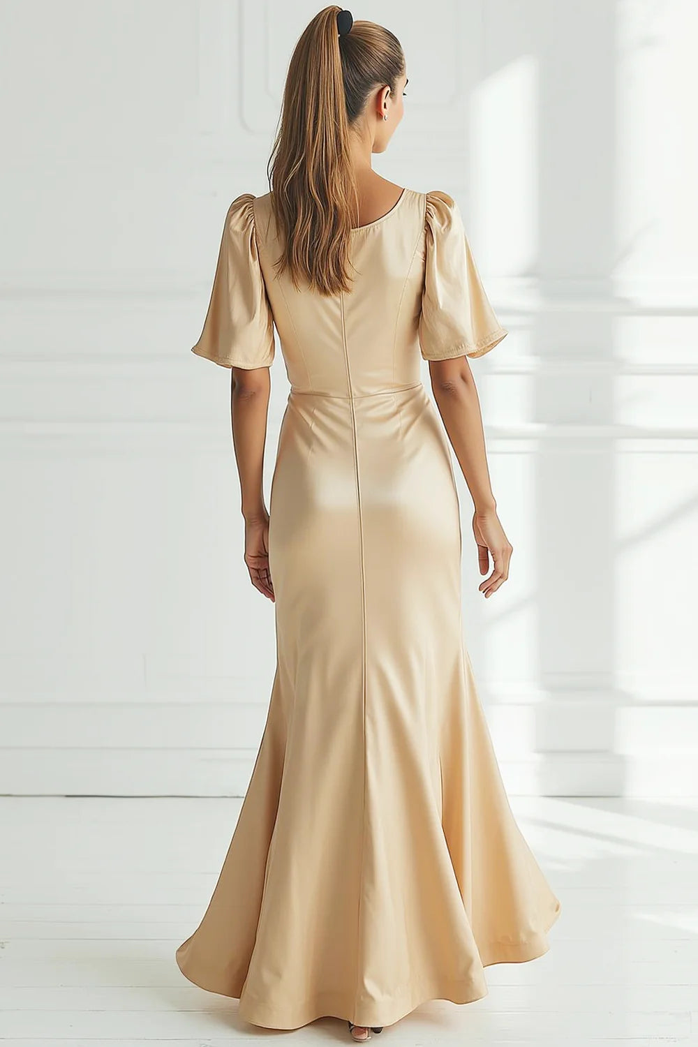 Champagne Satin Prom Dress With Puff Sleeves And Mermaid Silhouette For Formal Evening Party