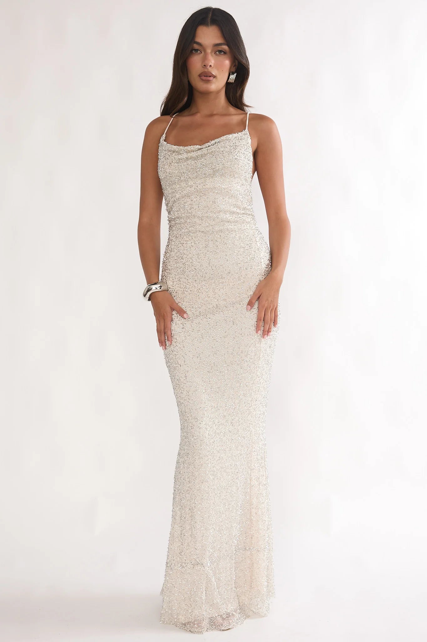 Champagne Sequin Crisscross Tie Back Cowl Neck Maxi Evening Dress