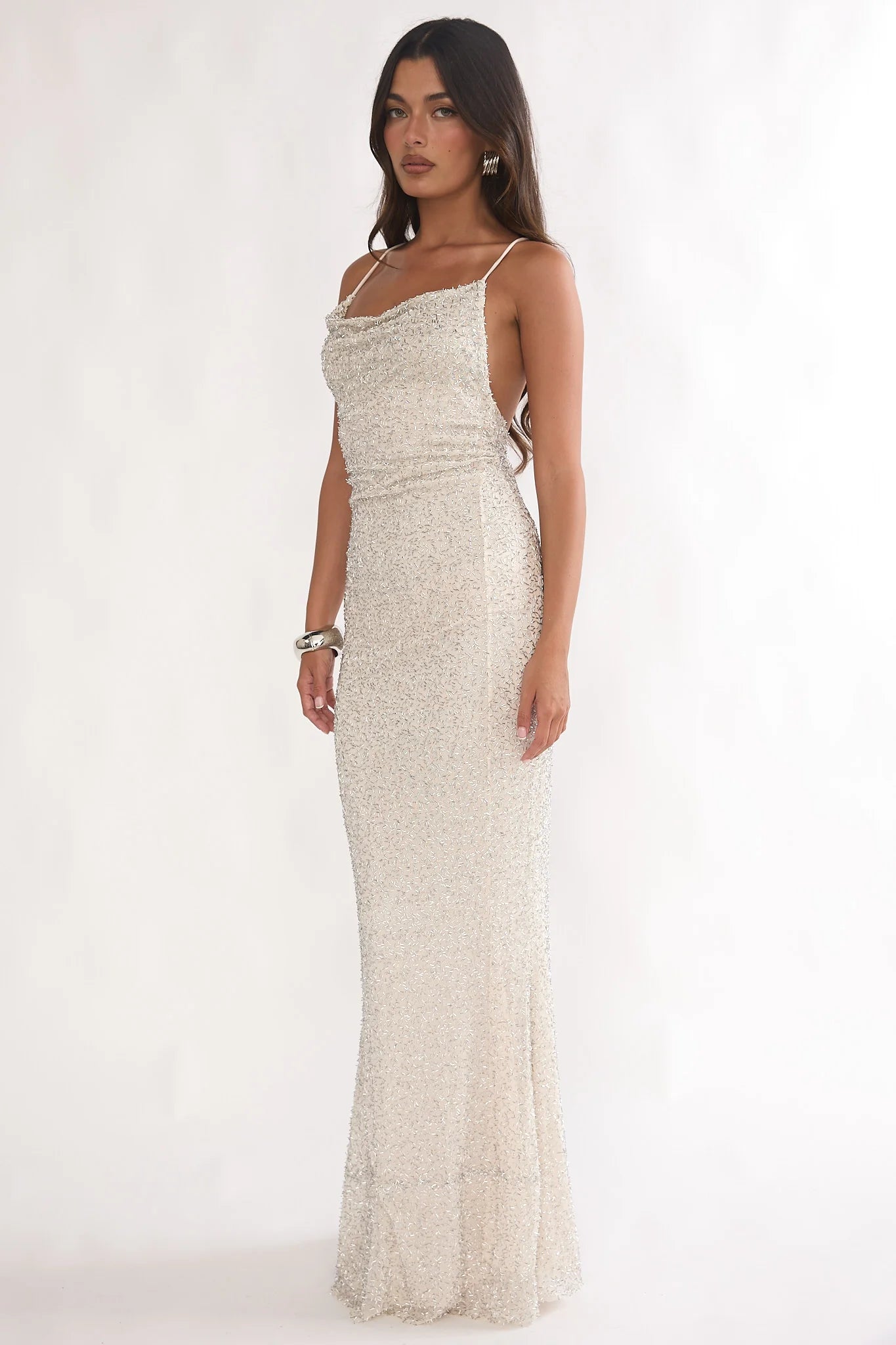 Champagne Sequin Crisscross Tie Back Cowl Neck Maxi Evening Dress