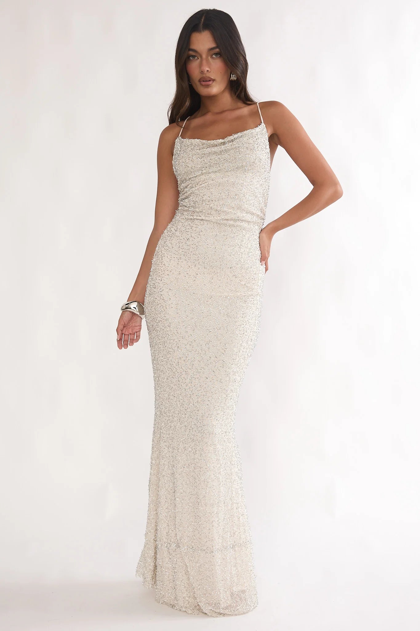 Champagne Sequin Crisscross Tie Back Cowl Neck Maxi Evening Dress