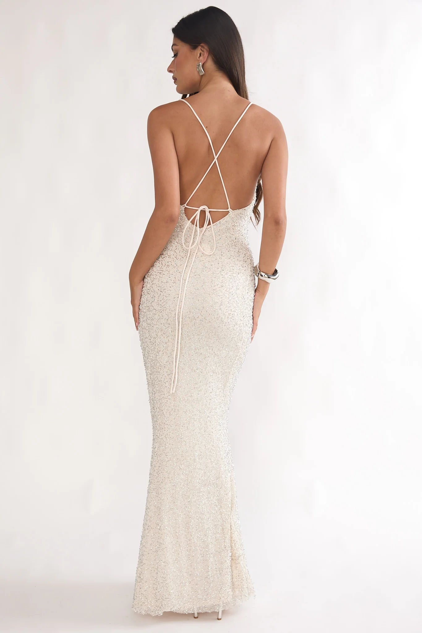 Champagne Sequin Crisscross Tie Back Cowl Neck Maxi Evening Dress