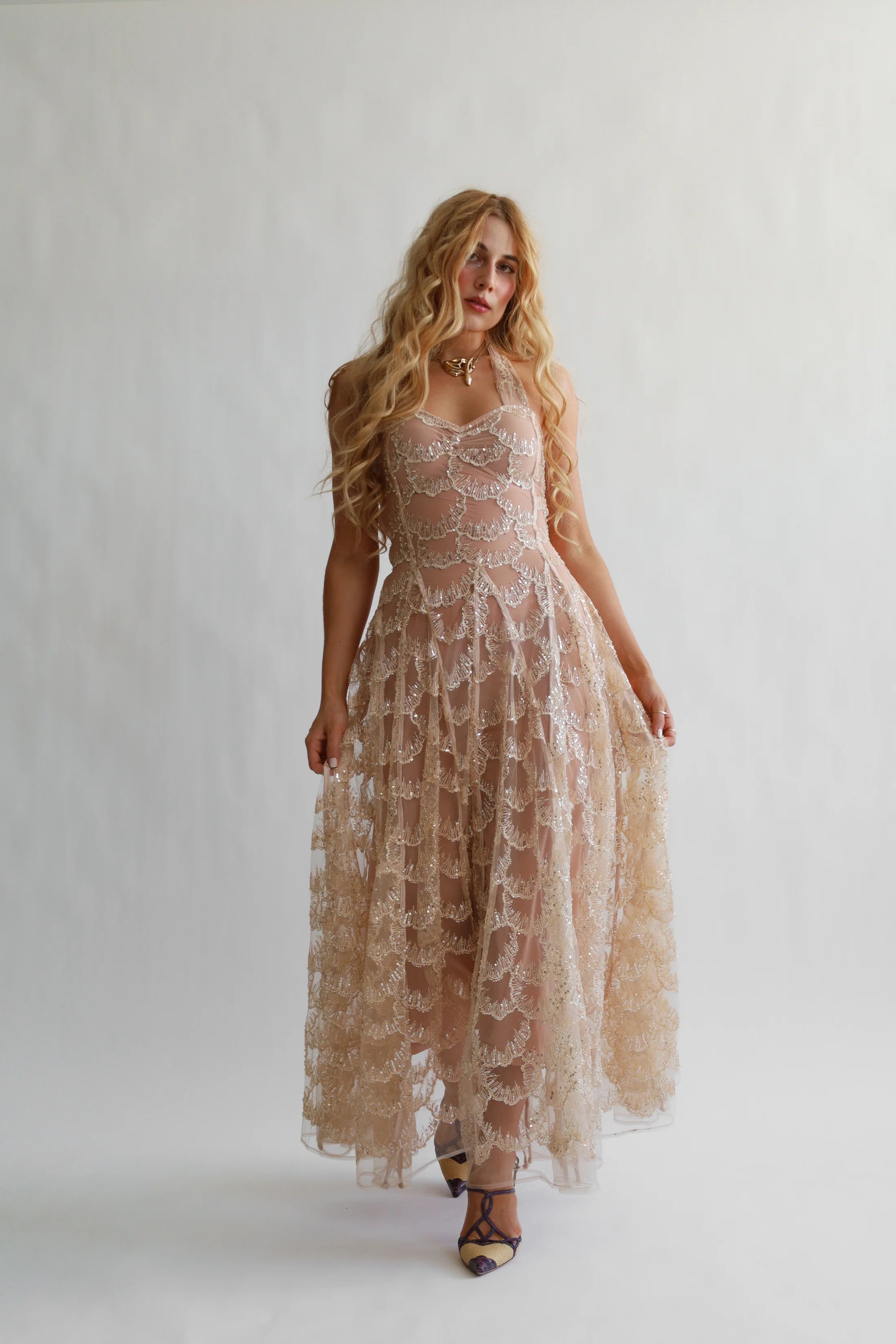 Champagne Sequin Scallop Lace Halter Neck Open Back Maxi Evening Dress