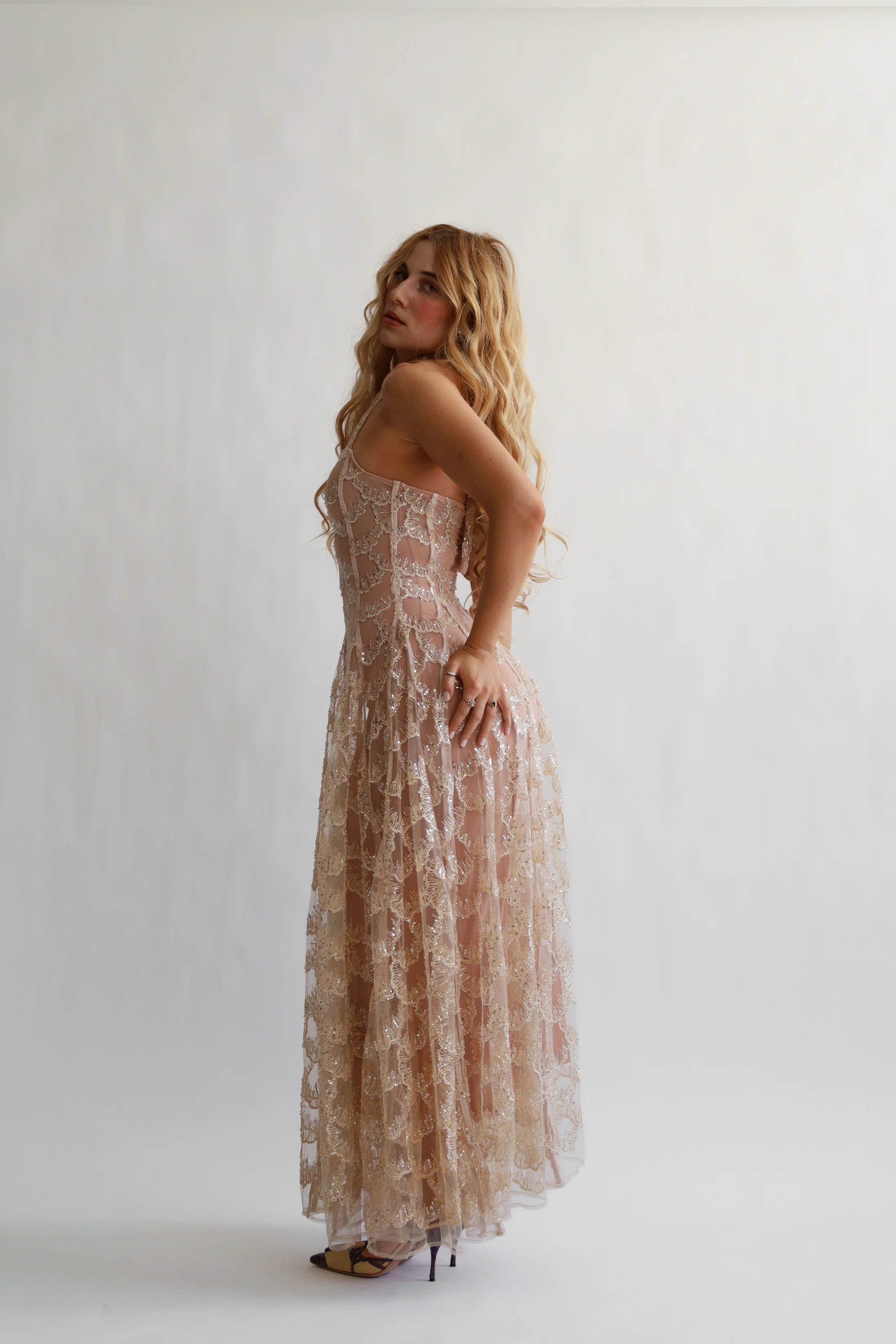 Champagne Sequin Scallop Lace Halter Neck Open Back Maxi Evening Dress