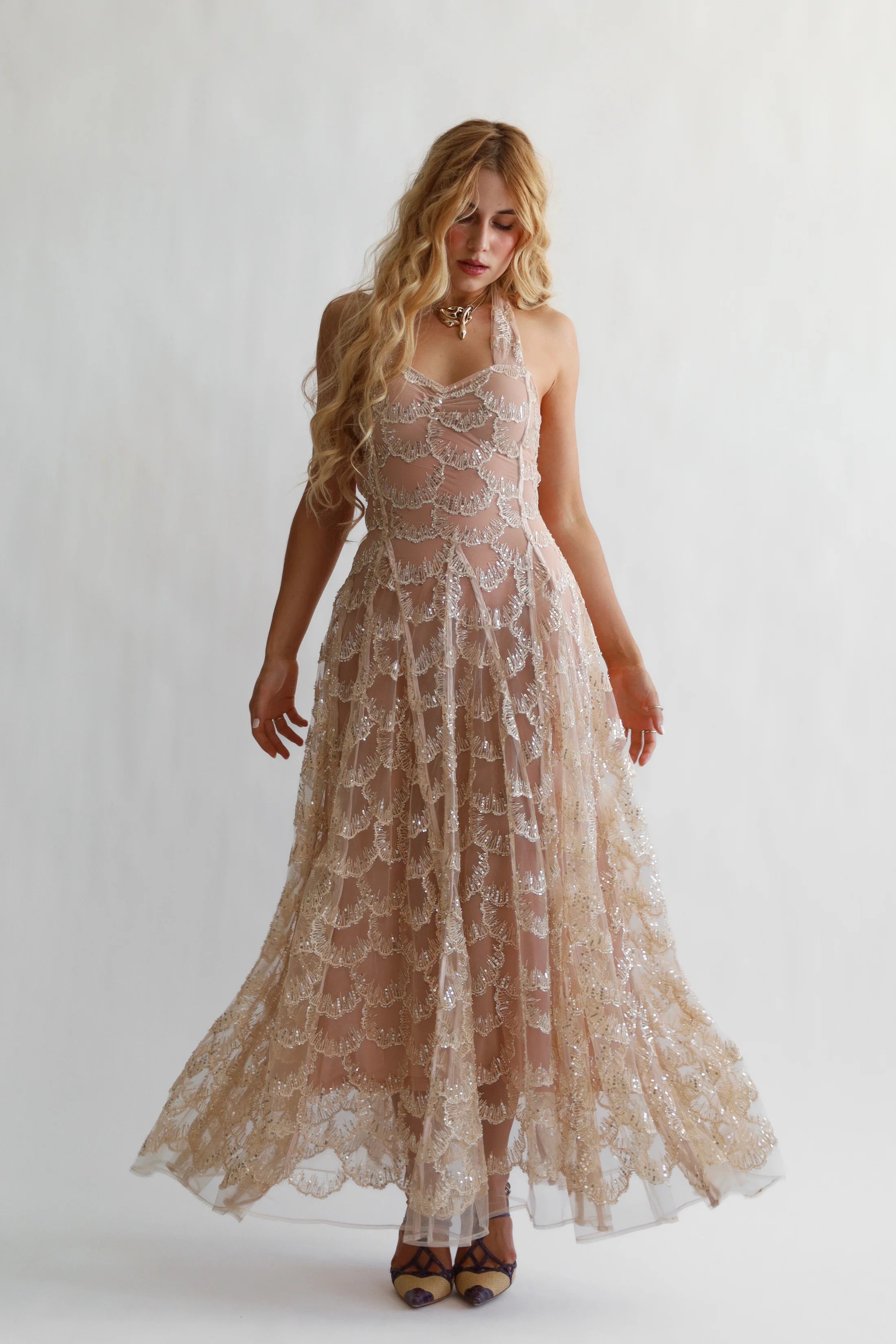 Champagne Sequin Scallop Lace Halter Neck Open Back Maxi Evening Dress