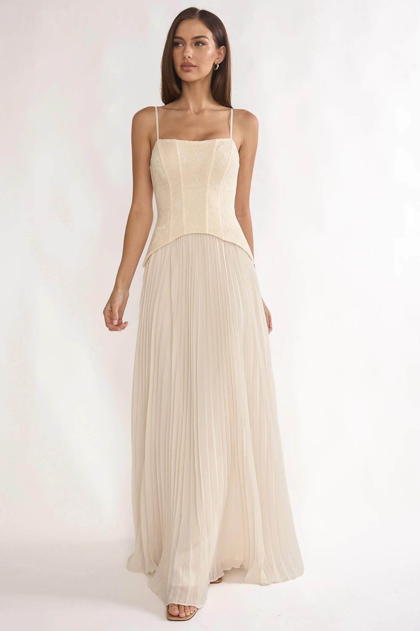 Champagne Spaghetti Strap Corset Pleated Chiffon Bridesmaid Evening Dress